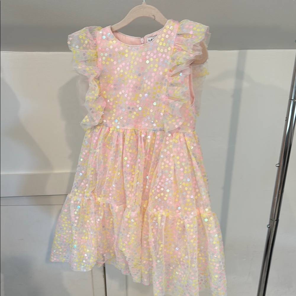Lola + the Boys Pink and Yellow Sequin Ruffle Dress